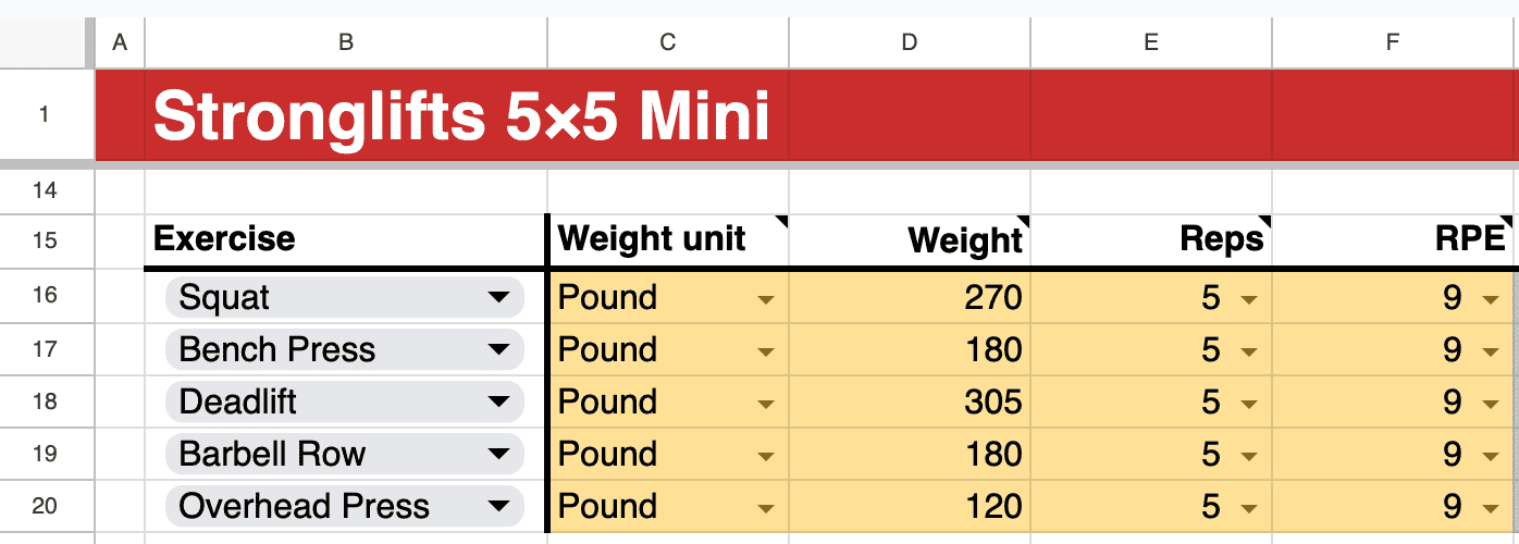 Enter your best lifts in the Stronglifts 5x5 Mini spreadsheet Enter your best lifts in the Stronglifts 5x5 Mini spreadsheet