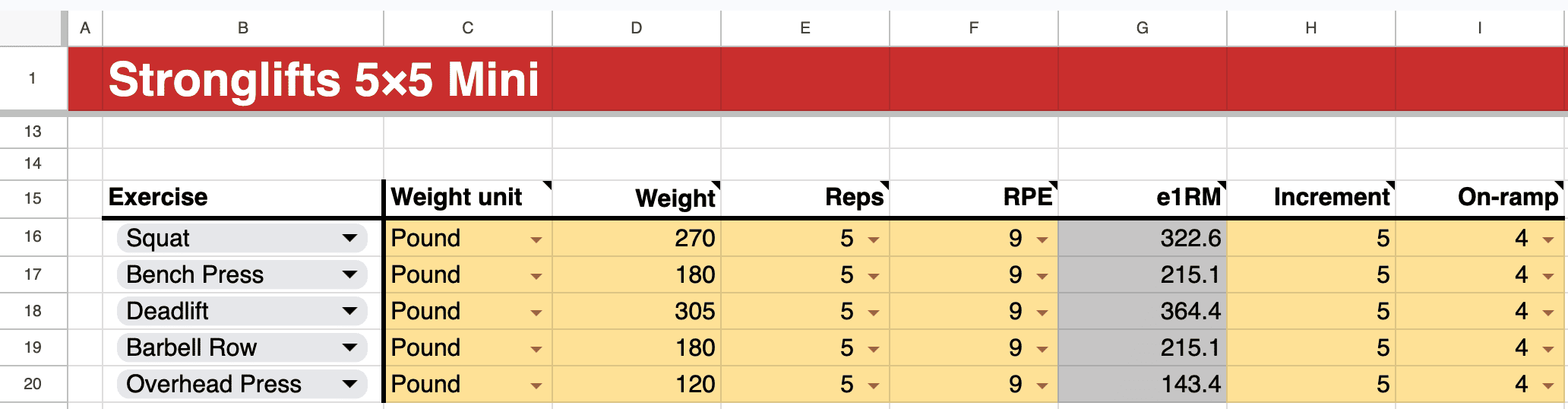 On-ramp settings Stronglifts 5x5 Mini spreadsheet On-ramp settings Stronglifts 5x5 Mini spreadsheet