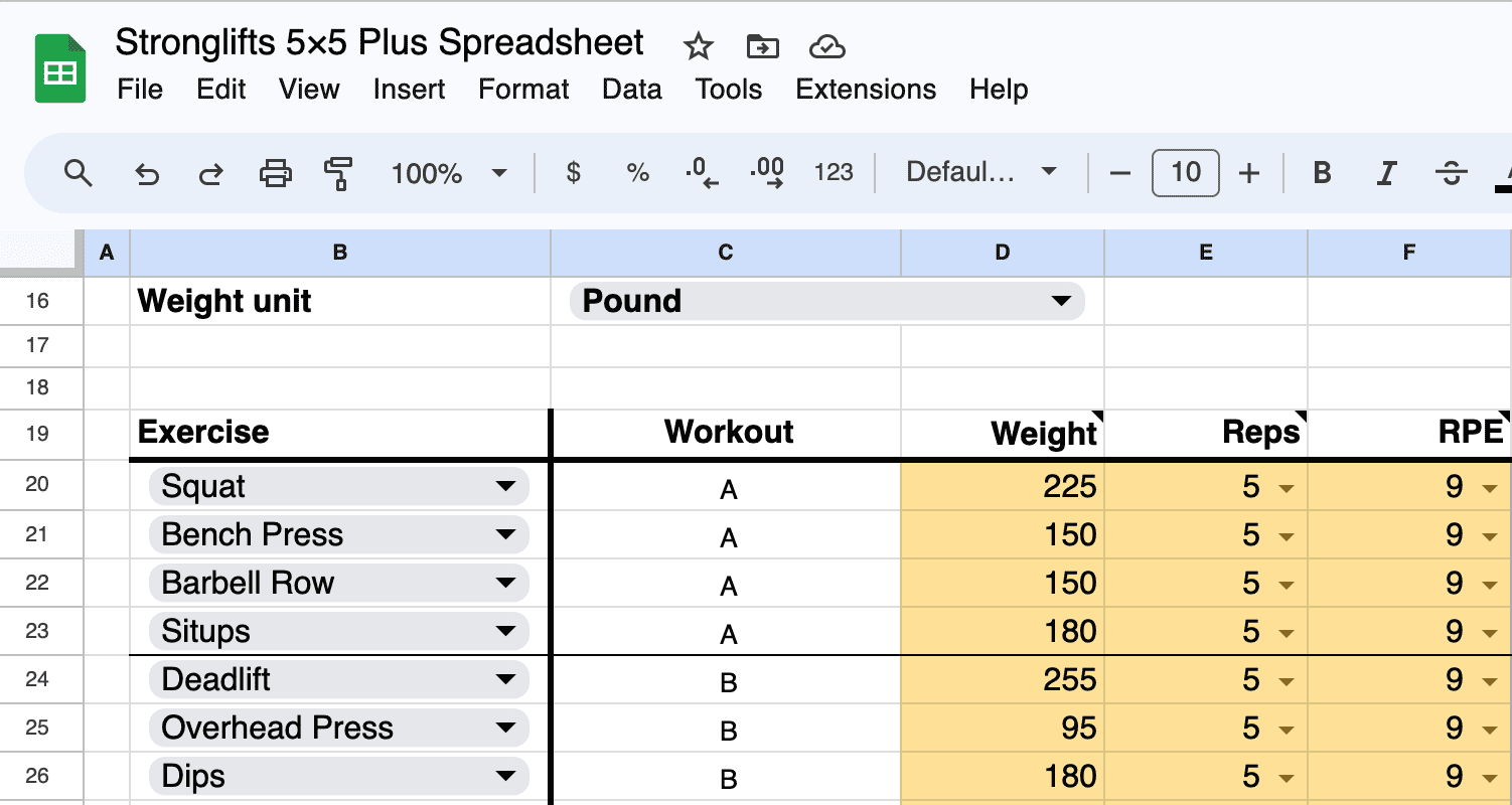 Enter your best lifts in the Stronglifts 5x5 Plus spreadsheet Enter your best lifts in the Stronglifts 5x5 Plus spreadsheet