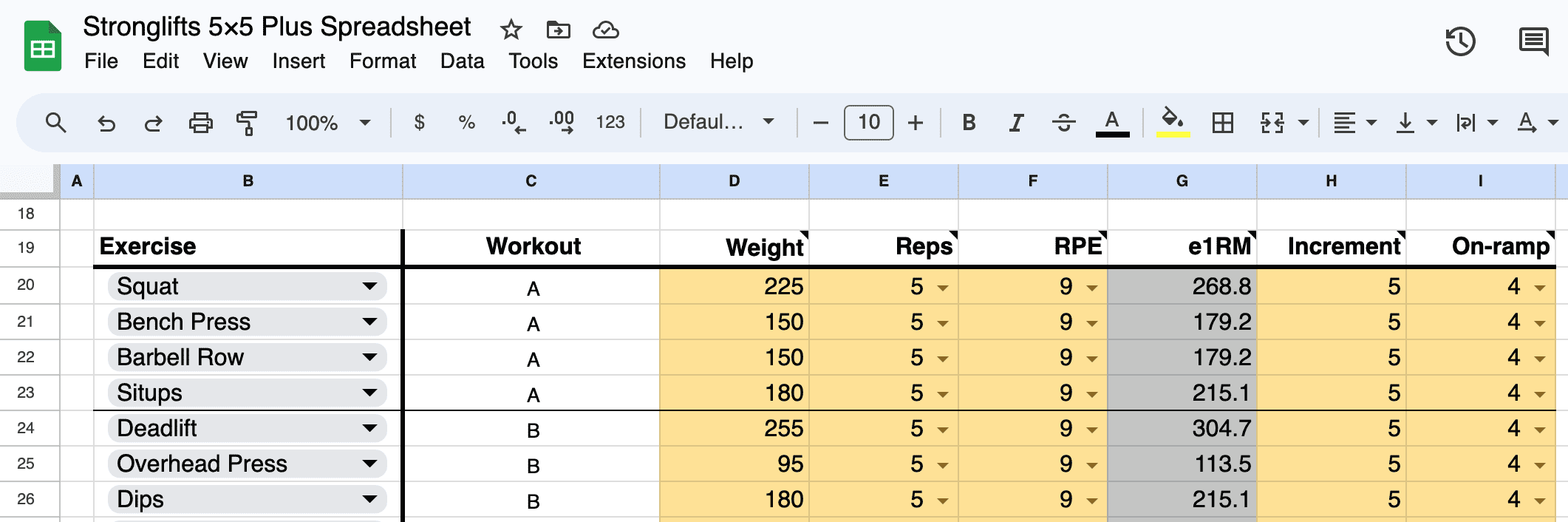 On-ramp settings Stronglifts 5x5 Plus spreadsheet On-ramp settings Stronglifts 5x5 Plus spreadsheet