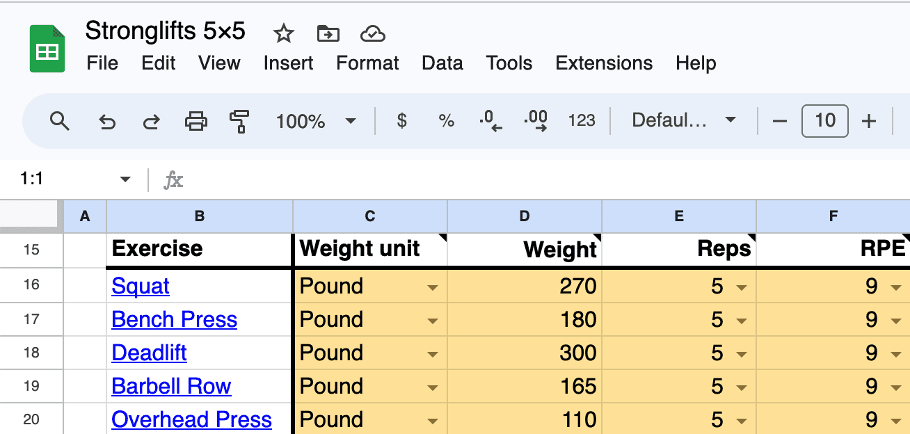Stronglifts 5x5 spreadsheet starting weight calculations Stronglifts 5x5 spreadsheet starting weight calculations