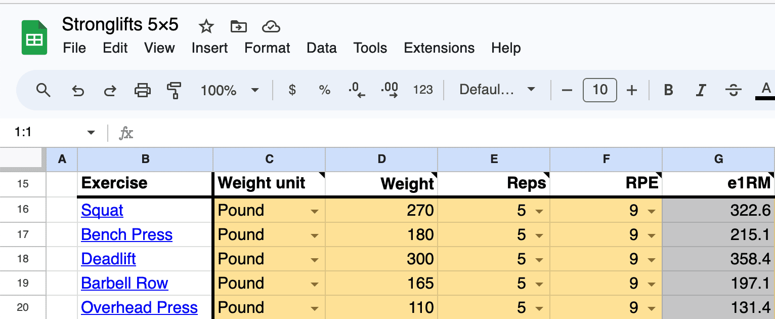Stronglifts 5x5 spreadsheet one rep max estimation Stronglifts 5x5 spreadsheet one rep max estimation