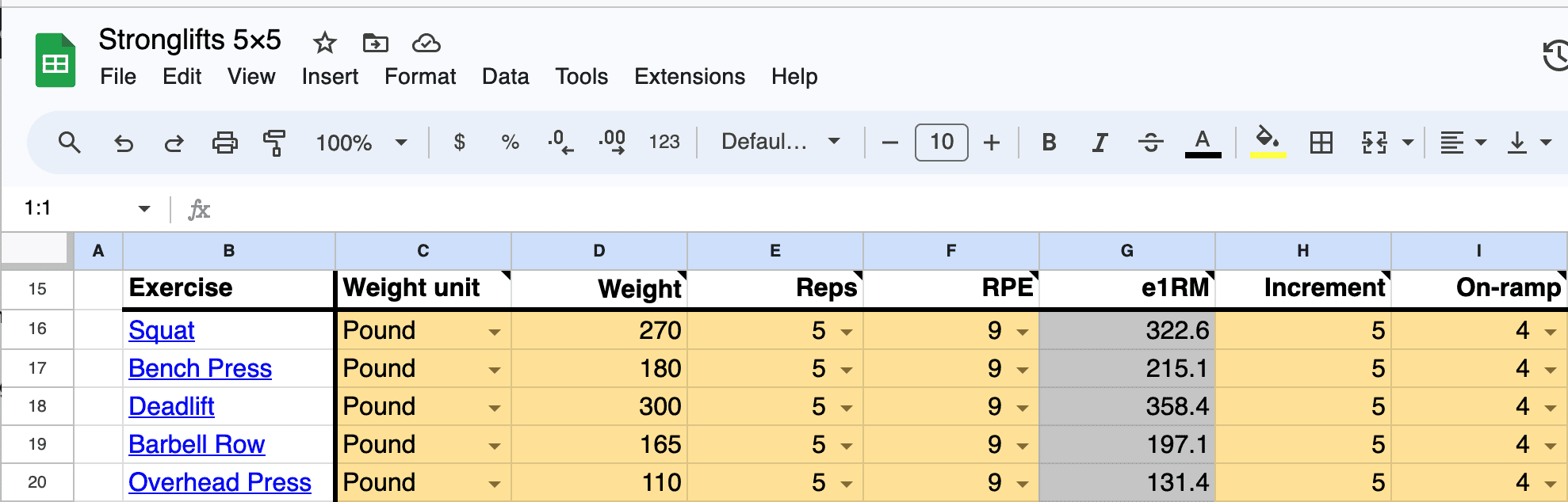 Stronglifts 5x5 spreadsheet on-ramp setting Stronglifts 5x5 spreadsheet on-ramp setting